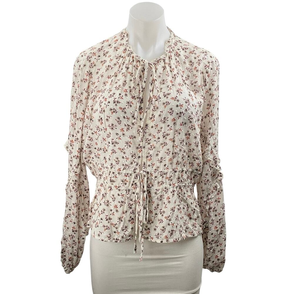 Blue Life Multicolor Floral Ruffle Tie Front Long Sleeve Peplum Blouse Top Sz M